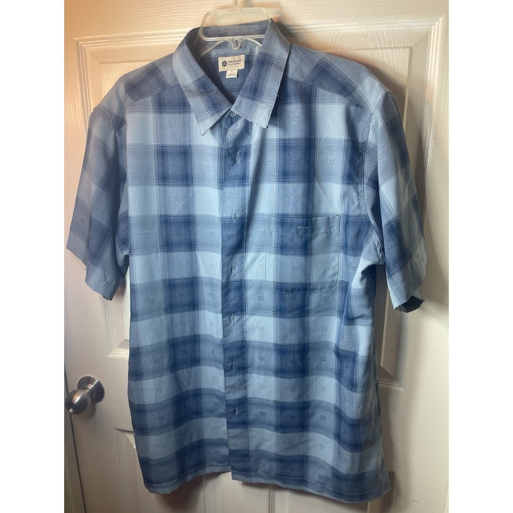 Haggar Short Sleeve Plaid Button Up Casual Shirt Light Blue Mens L Front Pocket